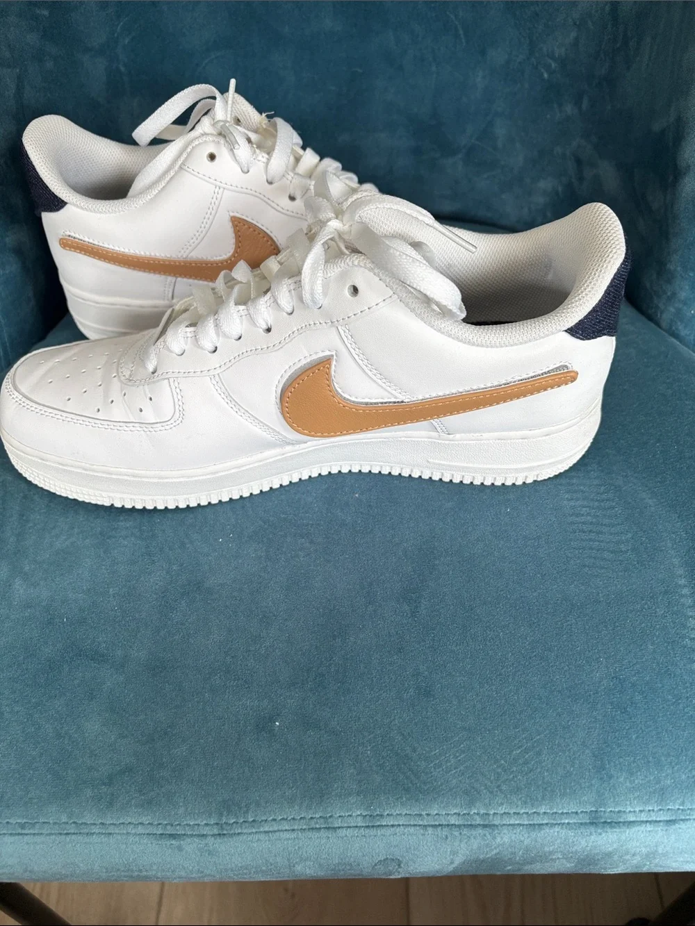 Nike White Sneakers with Tan Swoosh and Navy Heel